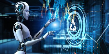 Yeşil teknoloji konseptini geri dönüştür. Ekran 3 boyutlu görüntülemedeki robot düğmesine bas
