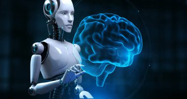 Cyborg Robot 3 boyutlu görüntüleme. Yapay Zeka Makinesi Otomasyon Konseptini Öğreniyor