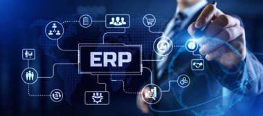 ERP Enterprise Resources planlama yazılım sistemi iş teknolojisi konsepti.