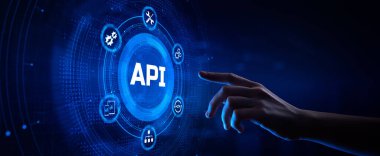 API Uygulama Programlama Arayüz Yazılım Geliştirme Konsepti. Ekrandaki el düğmesine bas.