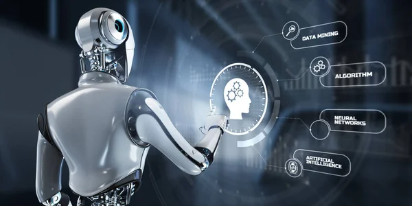 Concepto de inteligencia artificial de aprendizaje automático. Robot pulsar botón en la pantalla de renderizado 3d. —  Fotos de Stock