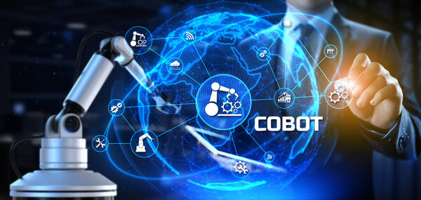 Cobot collaborative robot arm 3d render. industrial automation technology concept