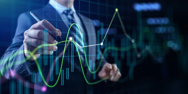 Gráficos financeiros diagrama análise de dados do mercado de ações. Empresário e painel virtual — Fotografia de Stock