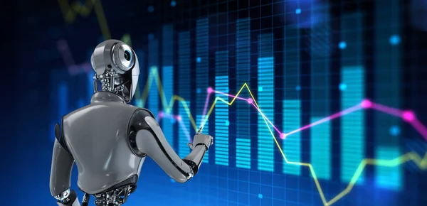 Robot RPA Big Data Analyse Automation Trading Robotertechnologie mit Karren und Diagrammen auf virtuellem Bildschirm. 3D-Darstellung Stockfoto