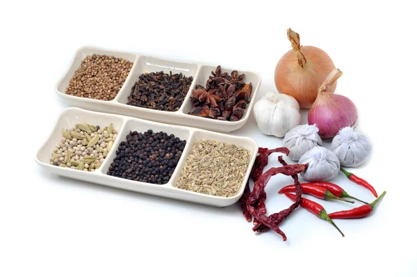 Variedade de especiarias e ervas, Alimentos e ingredientes da cozinha em branco — Fotografia de Stock