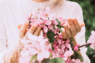 Kızların elleri çiçek açan bir dal tutuyor, üzerinde bol pembe çiçekler var. Bahar mevsimini düşün doğa çiçekleri