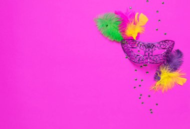 Karnaval maskesi renkli tüyler Mardi Gras festivali için geleneksel pullu boncuklar mor arka plan