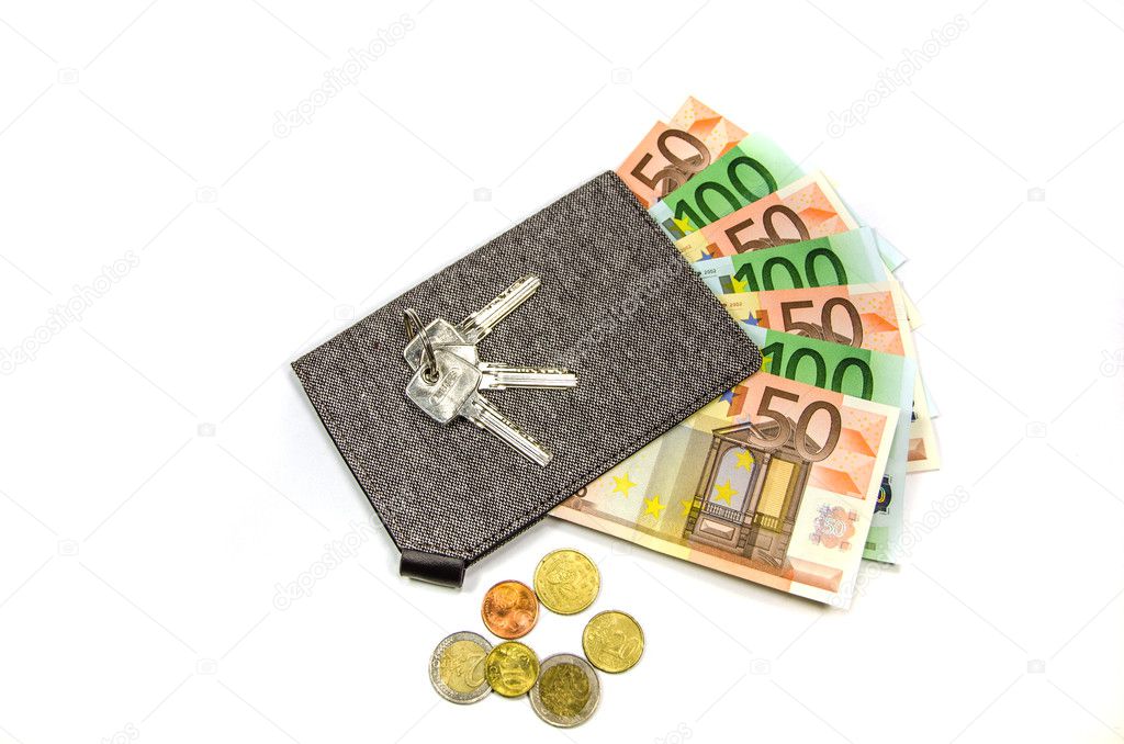 Wallet with money and keys isolated