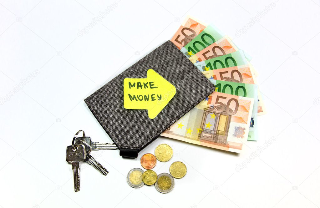 Wallet with euro bills, coins and keys
