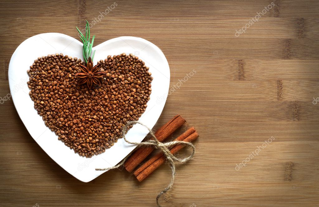 Buckweat on a heart-shaped plate