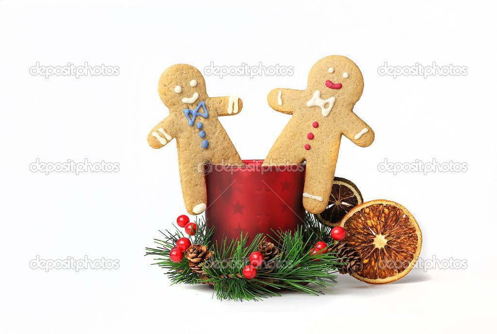 Two happy gingerbread men isolated