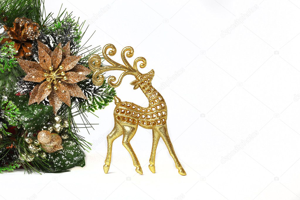 Gold deer with New Year's tree isolated