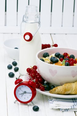 Kahvaltı: meyveler ve süt ile müsli