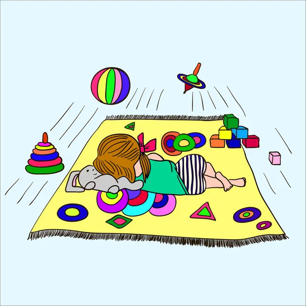 Menina dormindo no chão cercada por brinquedos — Fotografia de Stock
