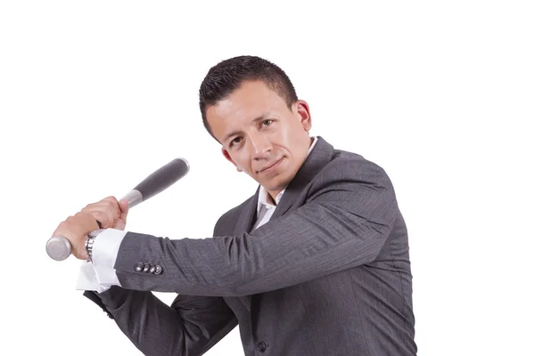 Young mixed race businessman swinging his baseball bat — Stock Photo, Image