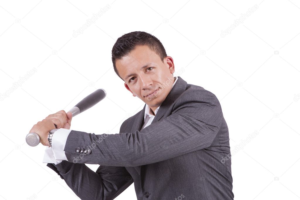 Young mixed race businessman swinging his baseball bat