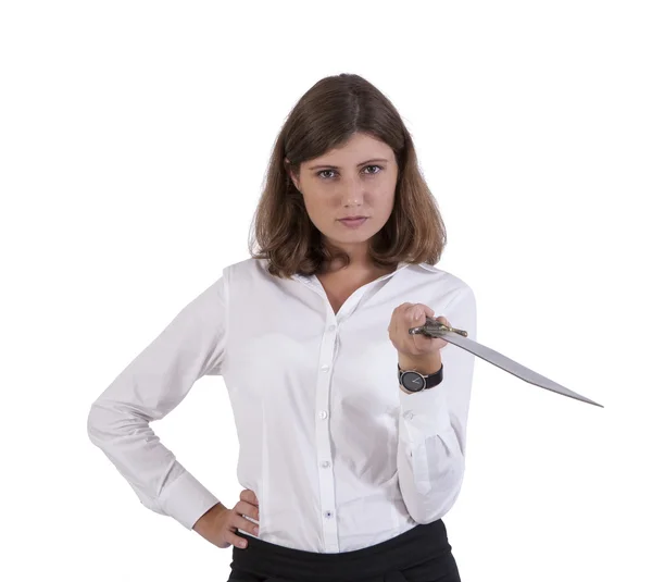 Alvorlig forretningskvinde poserer med et sværd - Stock-foto