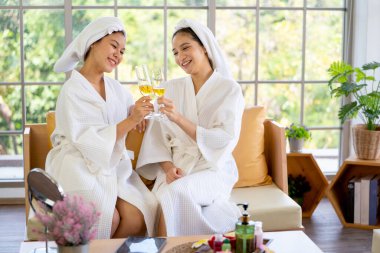 İki güzel Asyalı kadın masajdan sonra şarap bardaklarını tokuşturur ve gün ışığıyla resepsiyon odasında kalır..