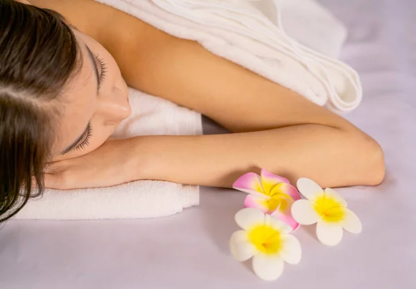 Close Face Head Asian Woman Lie Bed Relax Massage Spa — Stock Photo, Image
