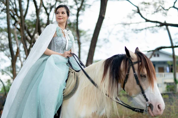 Beautiful woman with blue dress stay on white horse and stand in field near village during early morning.