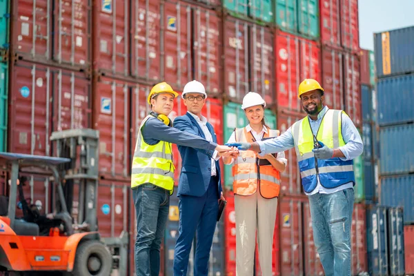 Group Cargo Container Worker Technician Clasp One Hands Join Hands — Stock Fotó