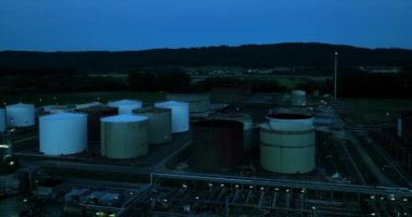 Aerial view of oil factory in evening
