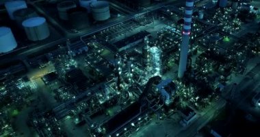 Aerial view of oil factory at night 