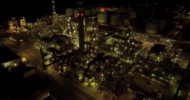Aerial view of oil factory at night 