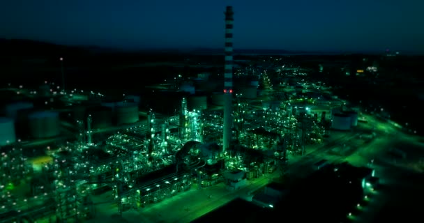 Aerial View Oil Factory Night — ストック動画