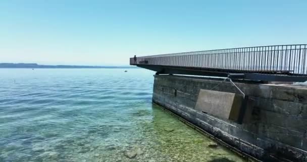 Aerial Video Happy Carefree Woman Standing Pier Looking Sea — Stockvideo