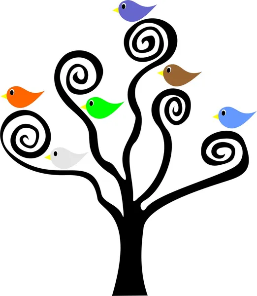 Árbol y aves — Vector de stock