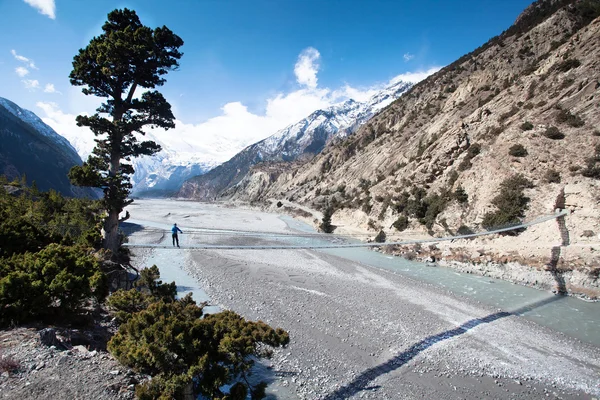 Chica en un puente alto montaña río en las montañas Himalaya — Foto de Stock