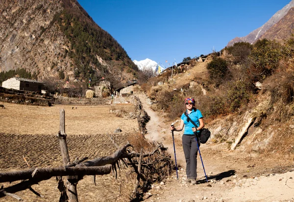 Fille avec des bâtons de trekking sur la piste des hautes montagnes de l'Himalaya — Photo