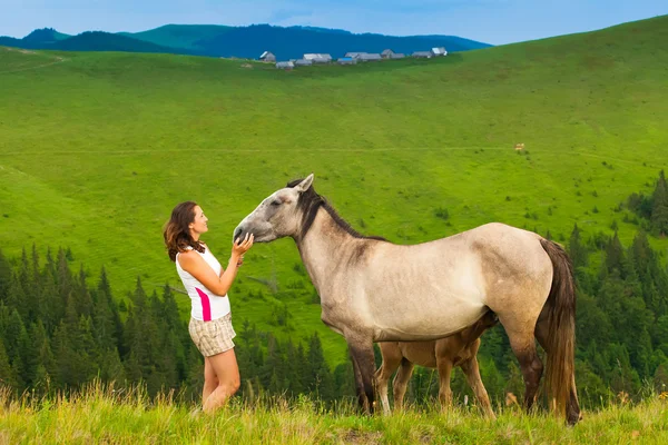 Menina perto de um cavalo selvagem — Fotografia de Stock