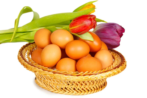 Colored eggs in a basket with tulips — Stock Photo, Image