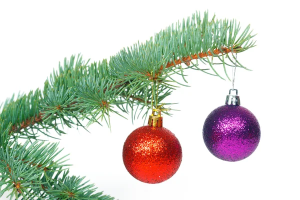 Boules rouges et violettes sur le sapin de Noël — Photo