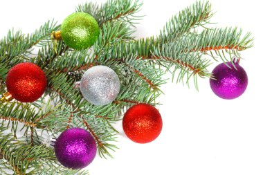 Noel ağacı köknar dalı üzerinde birçok renkli toplar