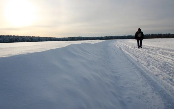 Zimowy pejzaż z sylwetka podróżnika — Zdjęcie stockowe