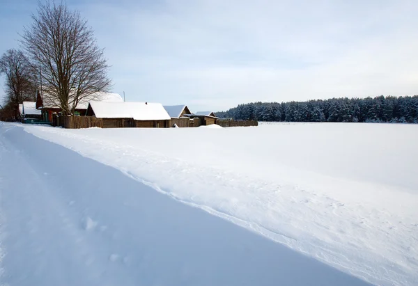 Paisagem rural de inverno com uma floresta, aldeia e campo de neve — Fotografia de Stock