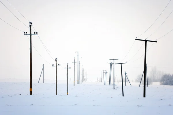 Stromleitung im Winter mitten auf dem Feld — Stockfoto