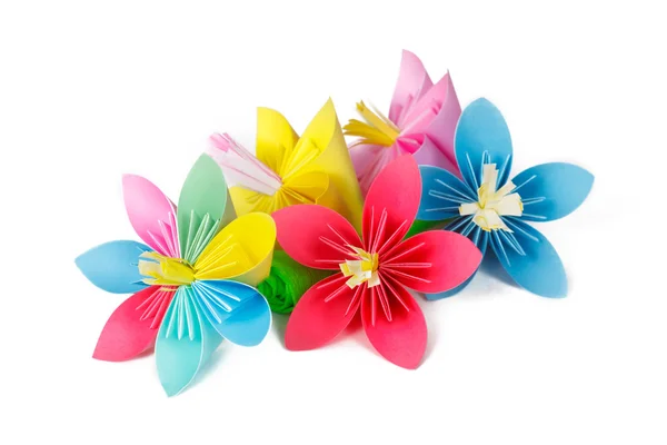 Four colored paper flowers and flower with varicolored petals — Stock Photo, Image