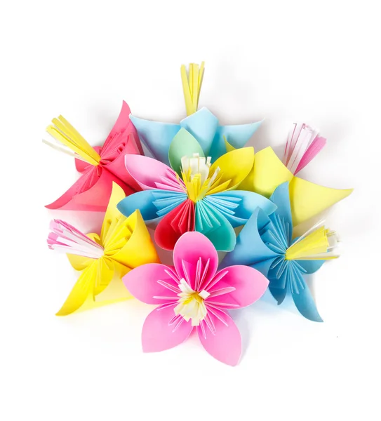 Seven colored paper flowers and flower with varicolored petals — Stock Photo, Image
