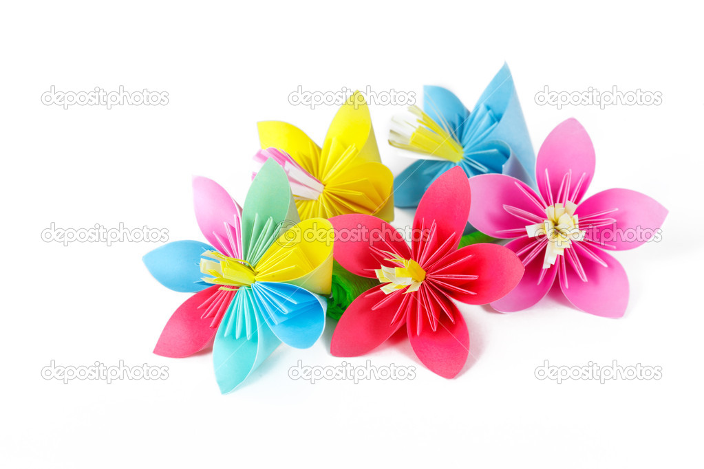 Many colored paper flowers and flower with varicolored petals