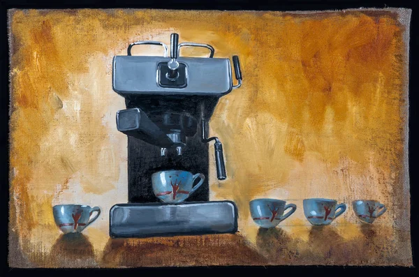 Machine à café peinte à l'huile avec tasses — Photo