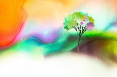 watercolored arka planda damlacıklarıyla ağaç
