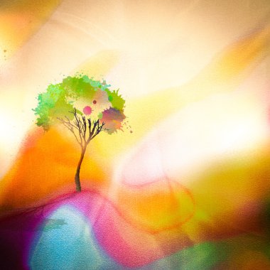 watercolored arka planda damlacıklarıyla ağaç