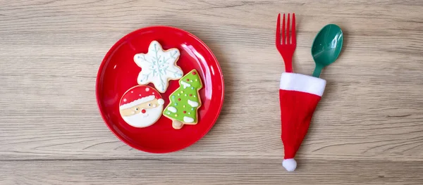 Feliz Natal Com Biscoitos Caseiros Garfo Colher Fundo Mesa Madeira — Fotografia de Stock