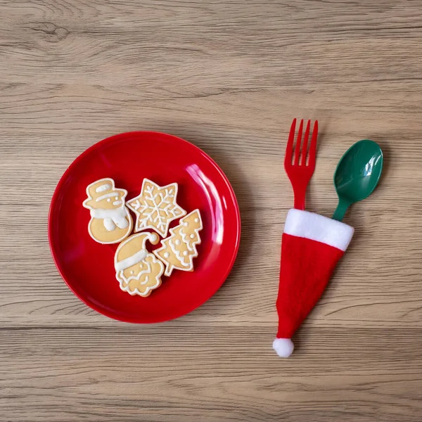 Καλά Χριστούγεννα Σπιτικά Μπισκότα Πιρούνι Και Κουτάλι Ξύλινο Τραπέζι Φόντο — Φωτογραφία Αρχείου