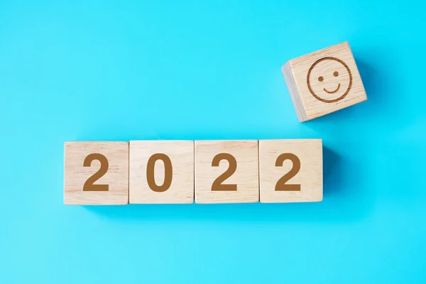 Smile Face Block 2022 Text Blue Background Satisfaction Feedback Review — Stock Photo, Image