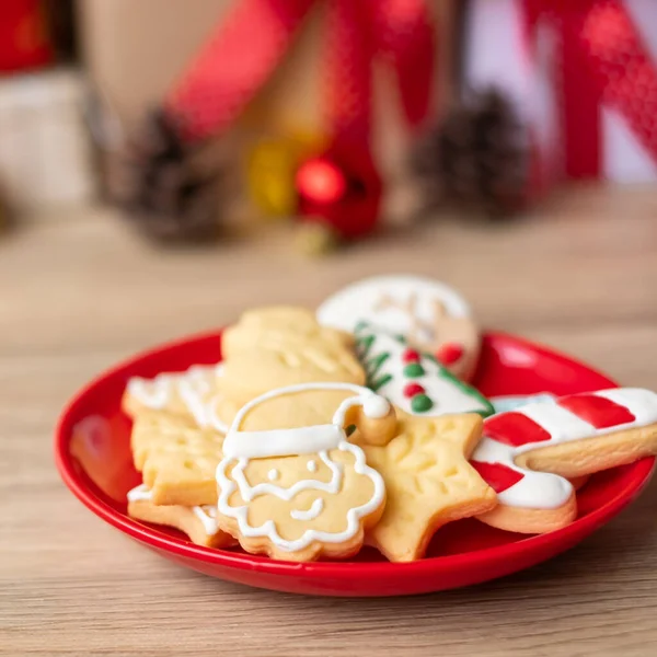 Veselé Vánoce Domácími Cookies Dřevěném Stole Pozadí Vánoce Párty Dovolená — Stock fotografie